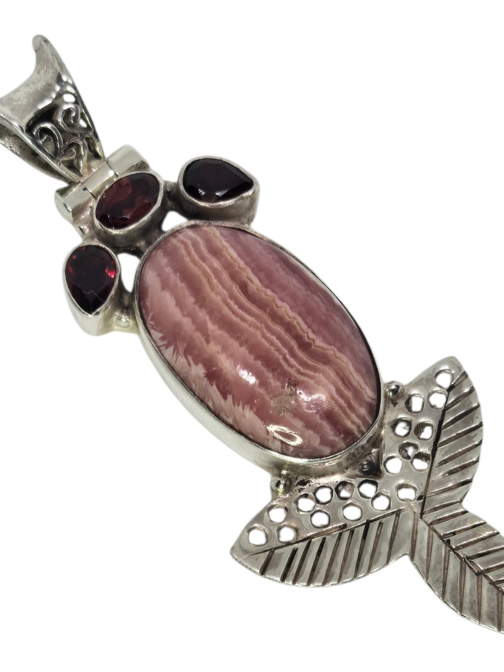 Handcrafted Pink Rhodochrosite & Garnet 925 Sterling  Silver Pendant See Pics